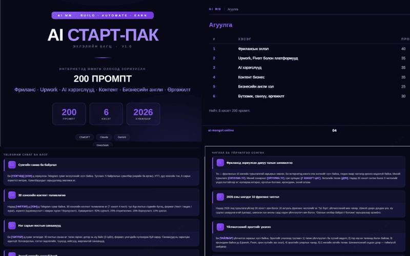 AI Старт-Пак: нүүр ба агуулгын хуудас